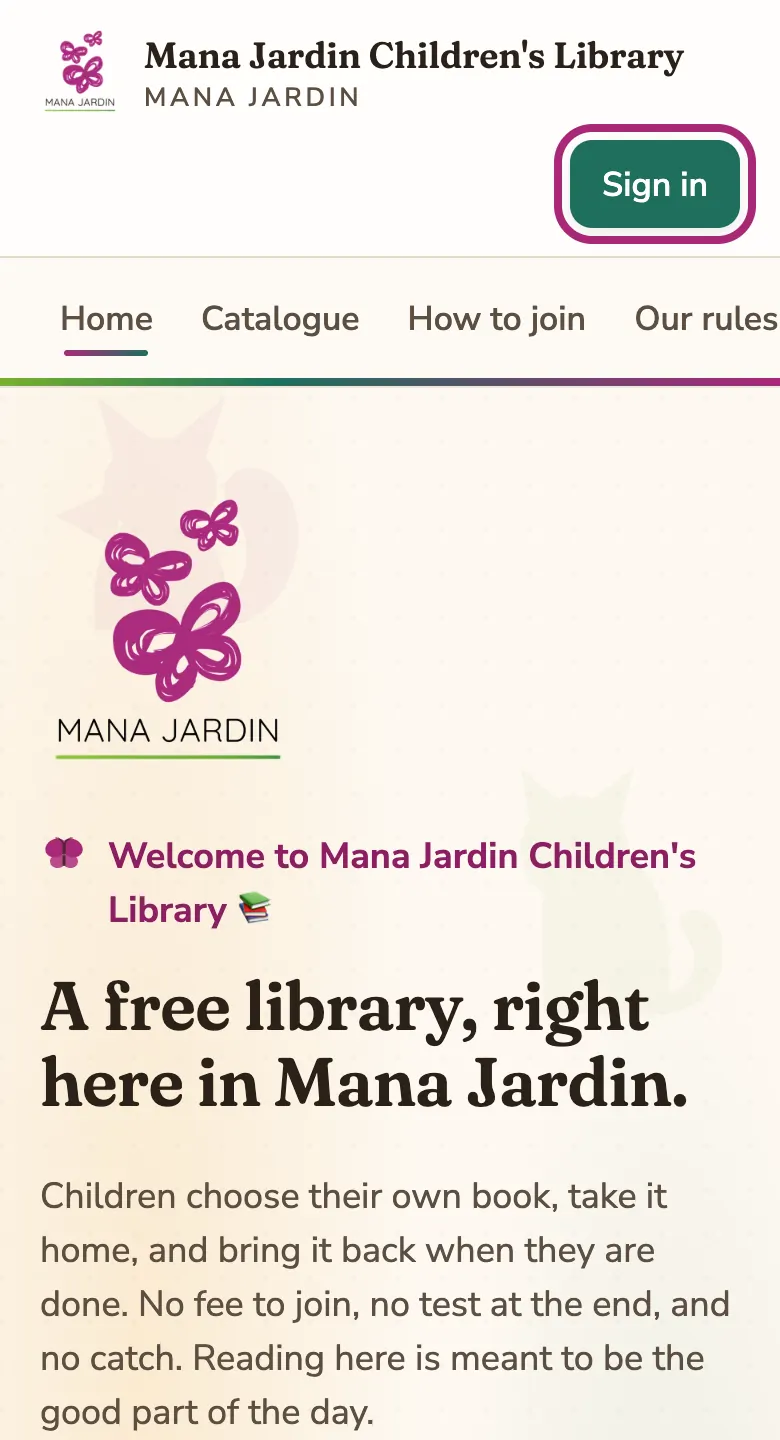 The library’s front page on a phone, with the “Sign in” button at the top circled.