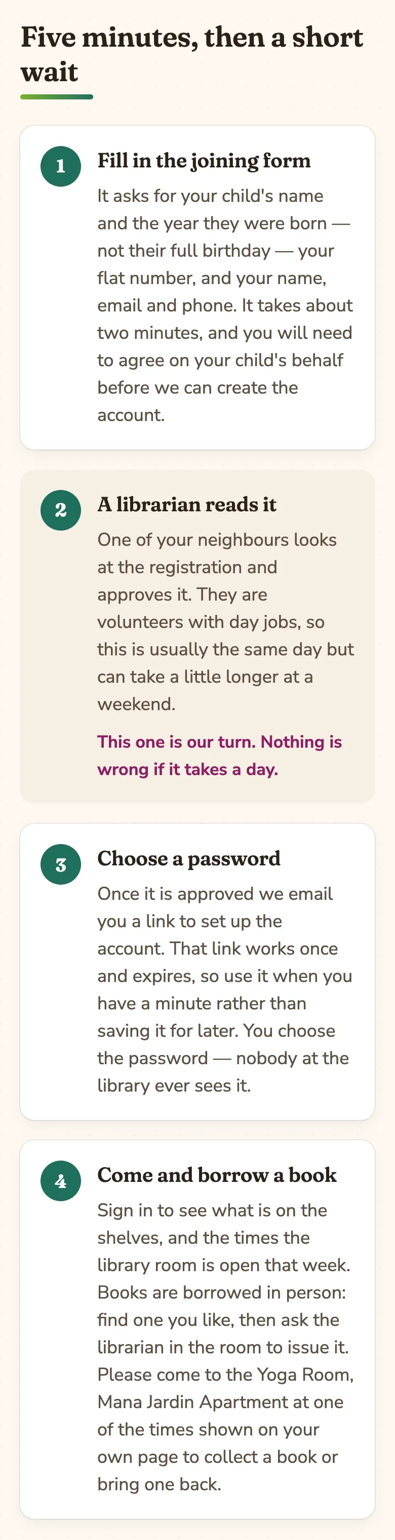 The four joining steps: fill in the joining form, a librarian reads it, choose a password, come and borrow a book.