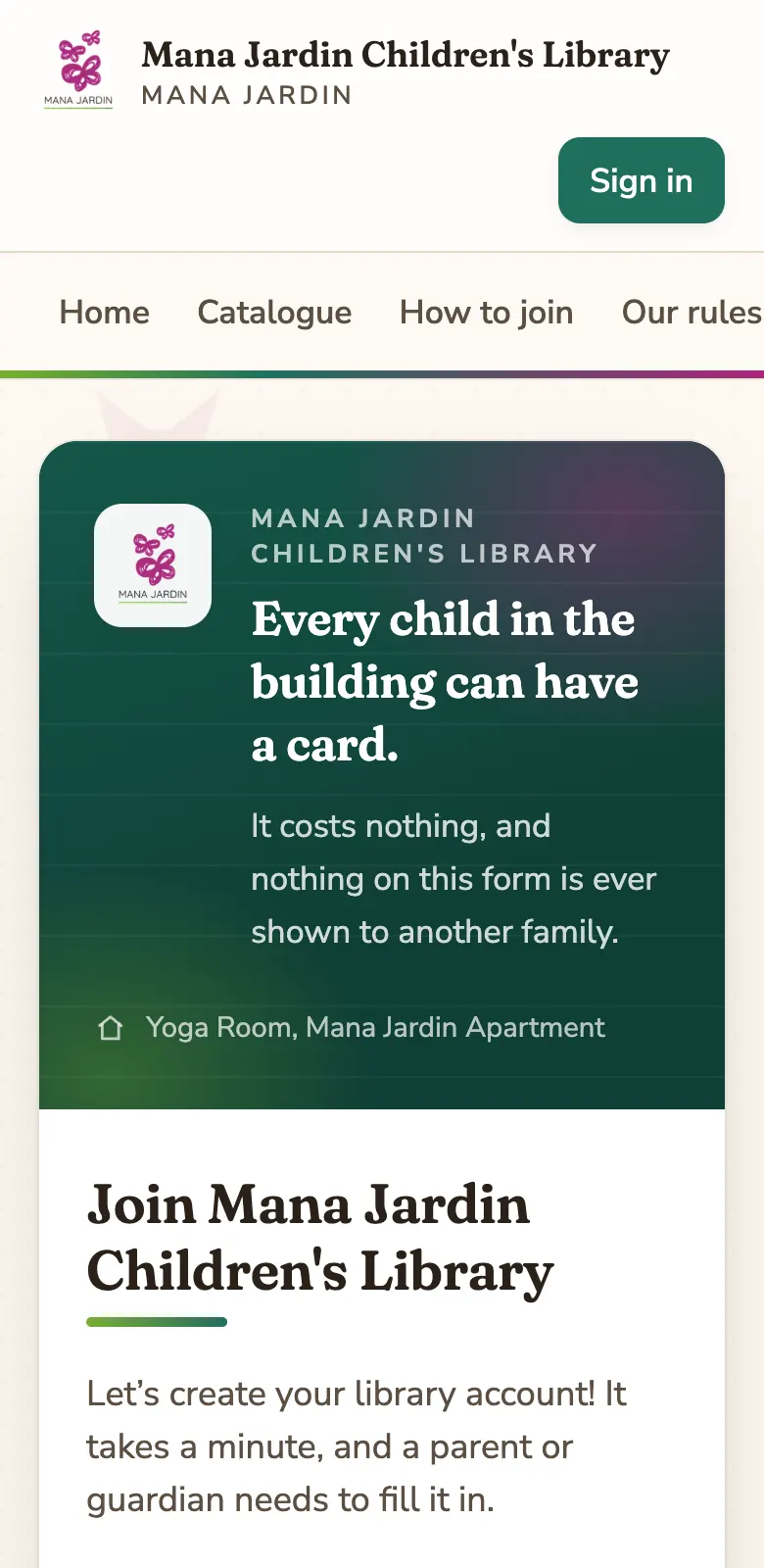 The joining form, headed “Every child in the building can have a card”, starting with a section called “About your child”.