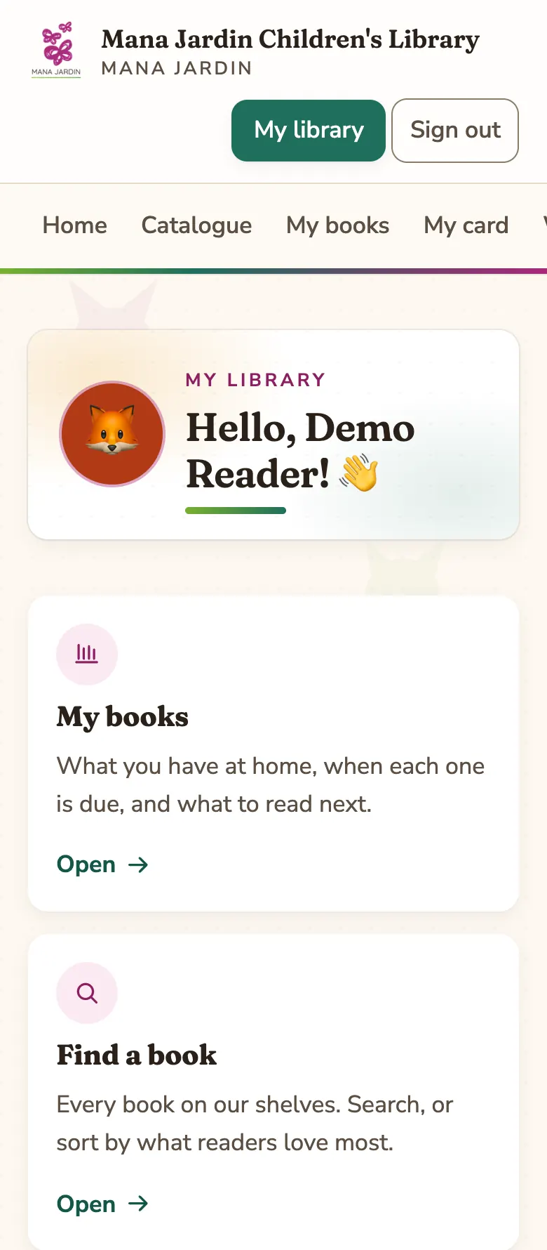 A reader’s own page saying “Hello, Demo Reader!” with doors for My books and Find a book.