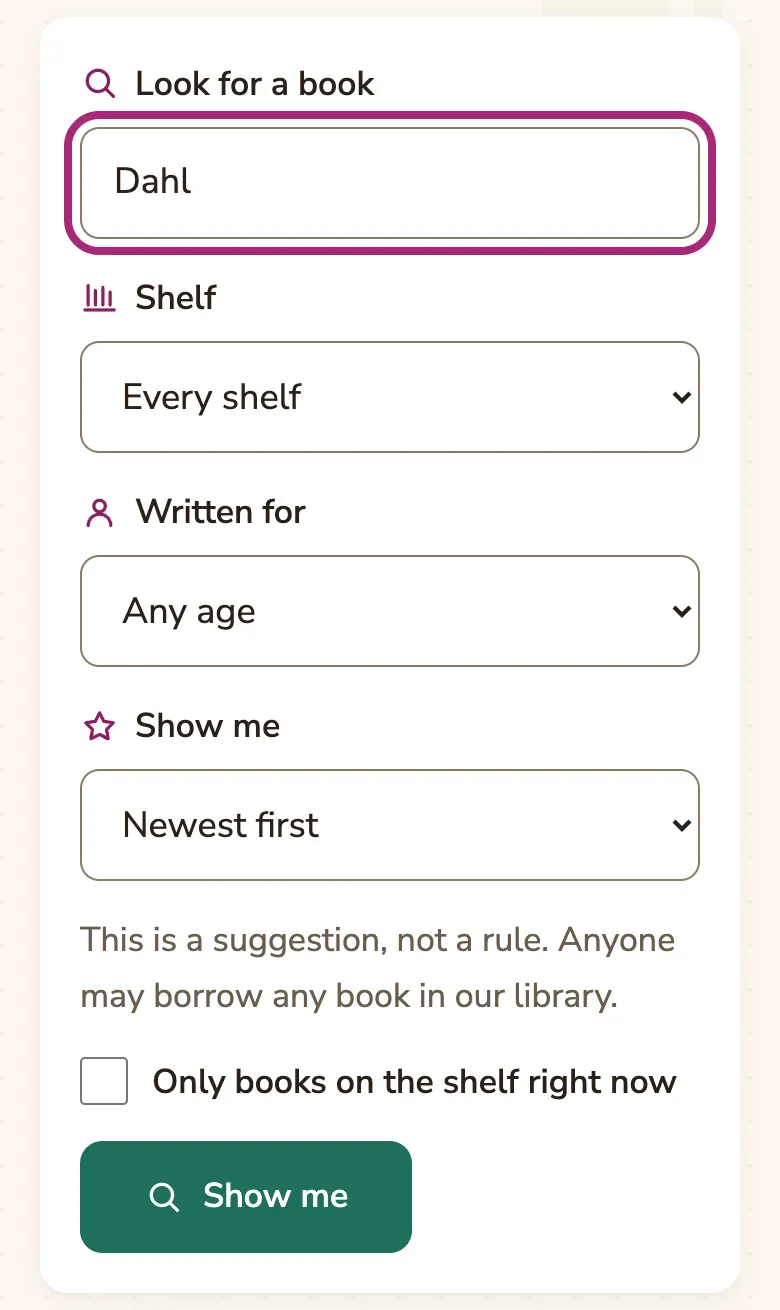 The catalogue search box with “Dahl” typed in, and the shelf, age and order choices below it.