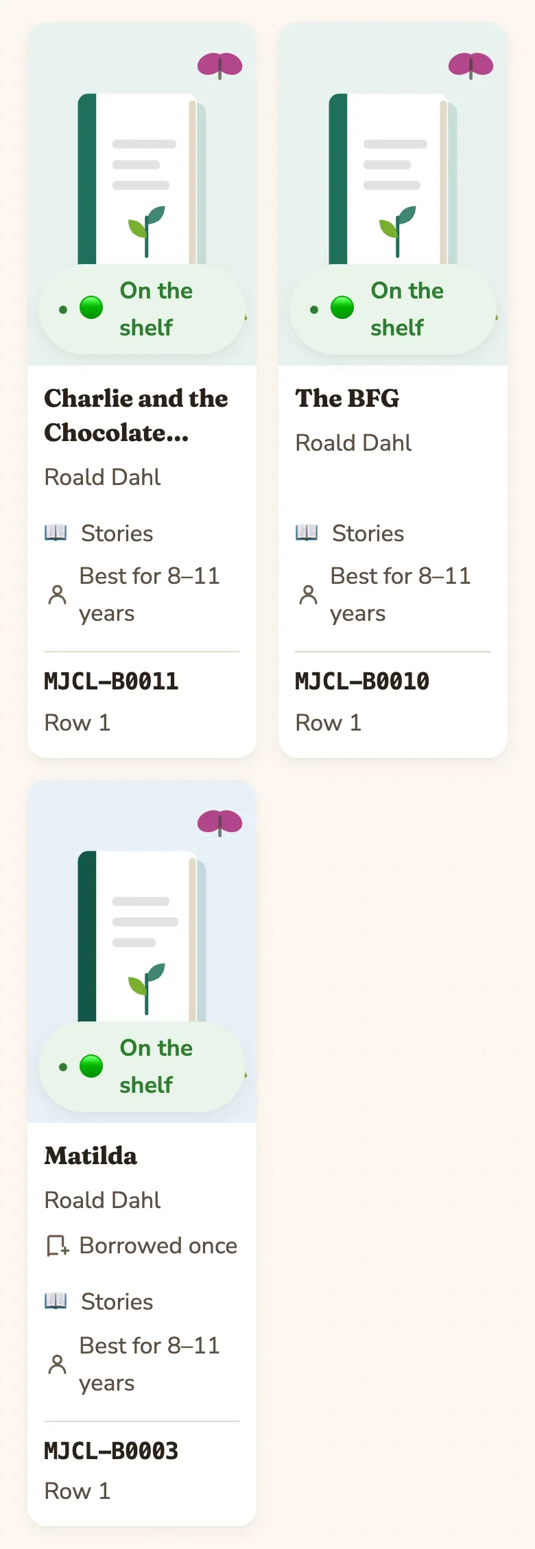 Three book cards found by the search, each marked “On the shelf”, with the book number and row at the bottom.