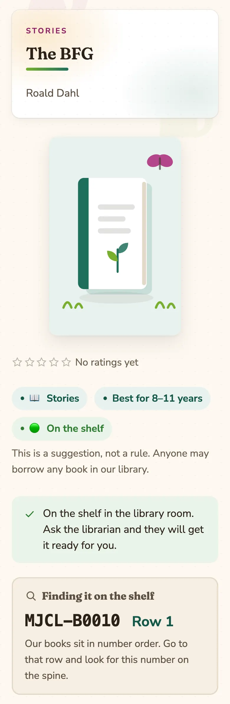 The page for The BFG, showing the cover, “On the shelf”, and the box “Finding it on the shelf” with the book number and Row 1.