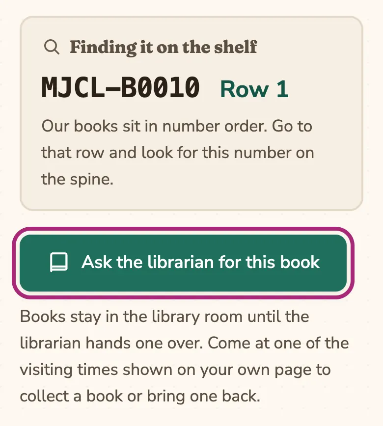 The “Ask the librarian for this book” button circled, under the book’s shelf number.