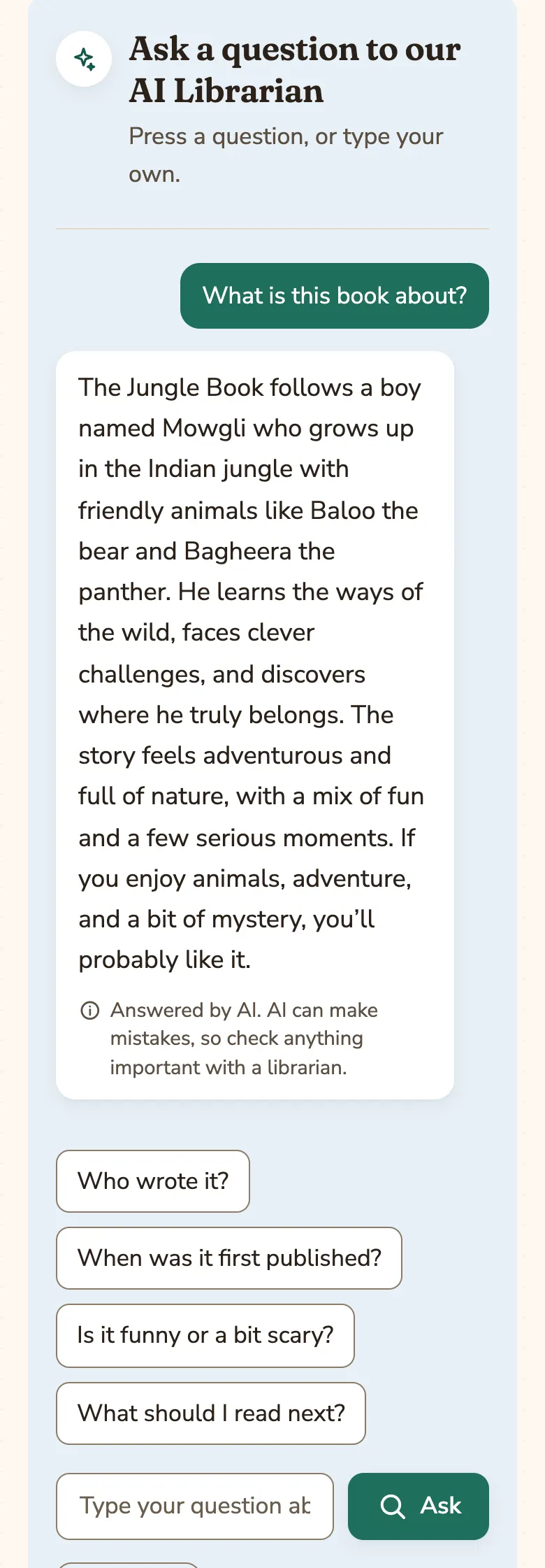 The AI Librarian on The Jungle Book’s page, answering “What is this book about?”, with more question buttons below.
