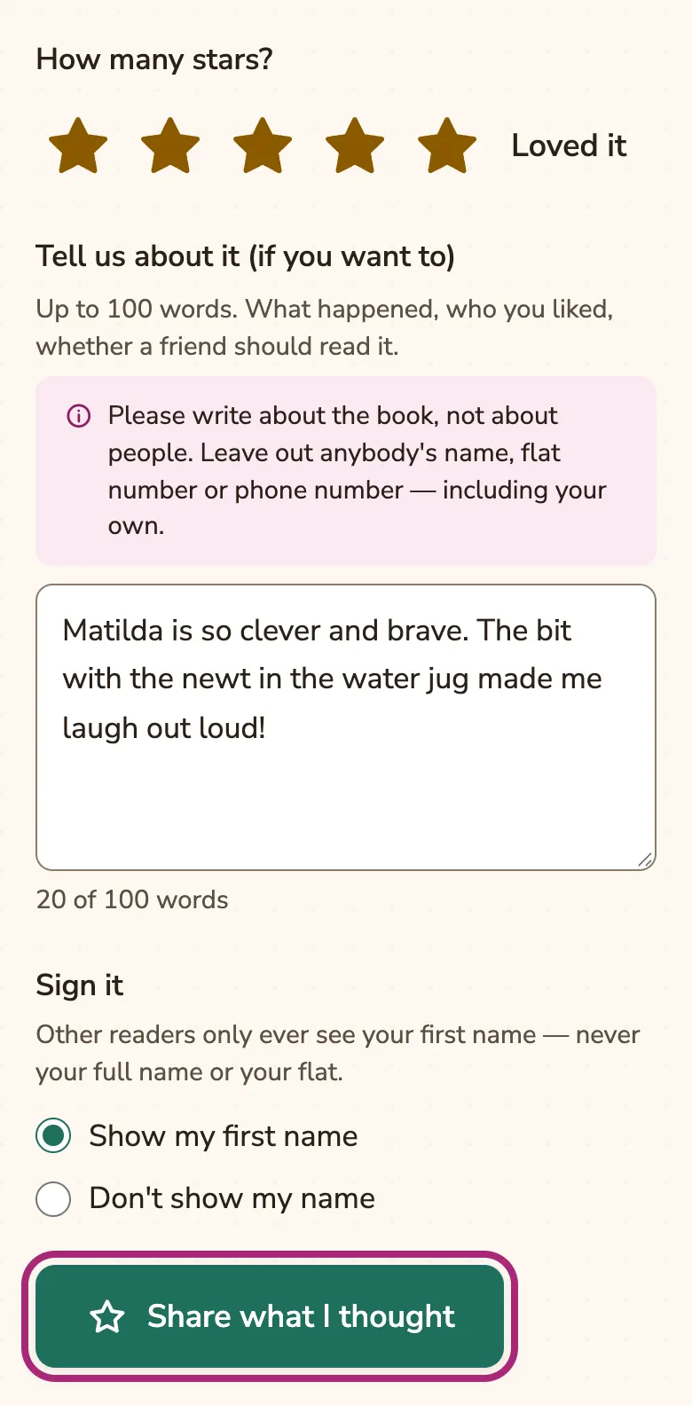 Five stars chosen for Matilda with a short review typed in, “Show my first name” selected, and “Share what I thought” circled.