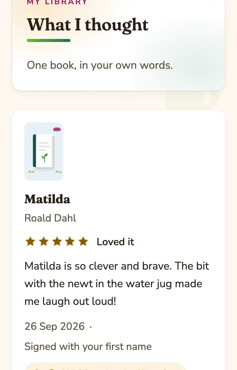 “What I thought” showing a five-star review of Matilda.