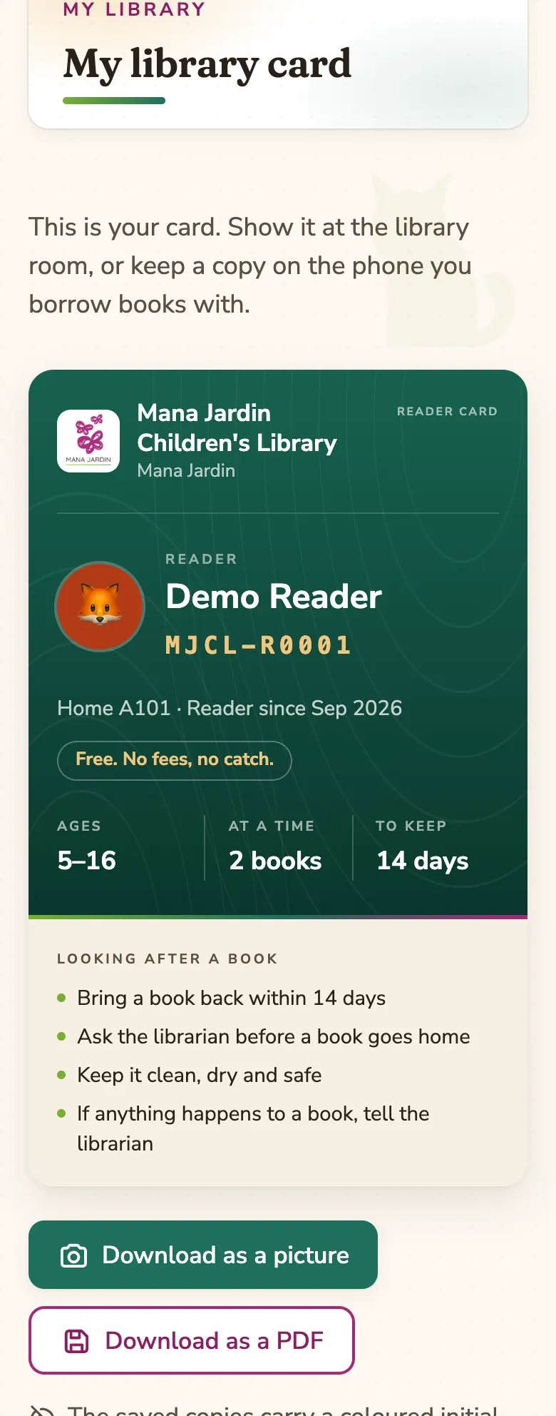 The reader card for Demo Reader, with the library’s rules for looking after a book and the two download buttons.